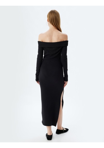 Koton Midi Elbise Fitilli Kayık Yaka Yırtmaç Detaylı Slim Fit Uzun Kollu Siyah 5wal80057ık Siyah Koton Midi Elbise Fitilli Kayık Yaka Yırtmaç Detaylı Slim Fit Uzun Kollu Siyah 5wal80057ık Siyah