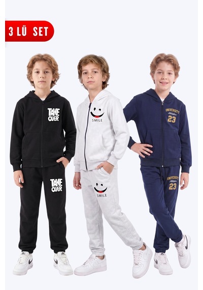 Fyk Kids 3'lü Erkek Çocuk Baskılı Fermuarlı Kapüşonlu Çift Cepli Eşofman Takımı Siyah-gri-lacivert