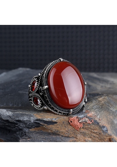 Tesbihsepetim Oval Model Akik Taşlı 925 Ayar Gümüş Yüzük