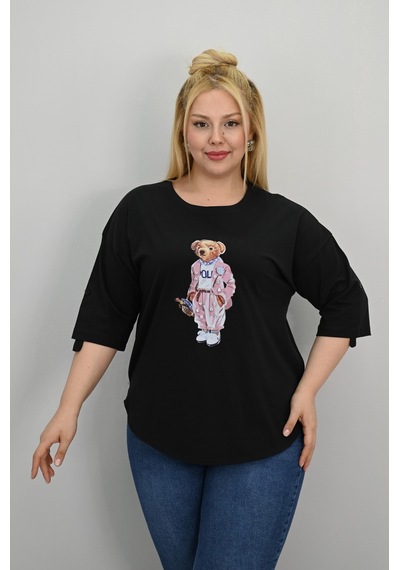 Koza Butik Kadın Büyük Beden Kısa Kollu Taş Detaylı Ayı Baskılı Oversize T-shirt 1926-25 siyah Koza Butik Kadın Büyük Beden Kısa Kollu Taş Detaylı Ayı Baskılı Oversize T-shirt 1926-25 siyah