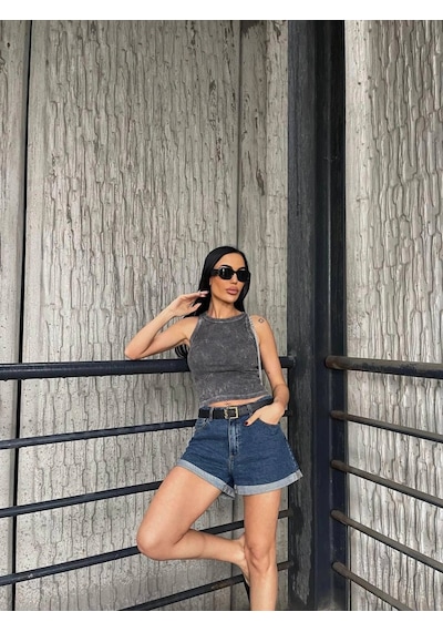 Esiilamoda Kadın Gri Yıkamalı Crop