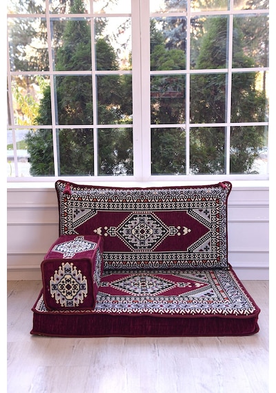Bakırözü Home Şark Köşesi Takımı , 95 Cm Yer Minderi Takımı Bordo Yahyalı Modeli 3 Parça