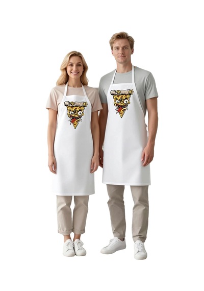 Erkek Unisex Mutfak Aşçı Önlüğü Korkunç Pizza Dilimi Yüz Baskılı Beyaz