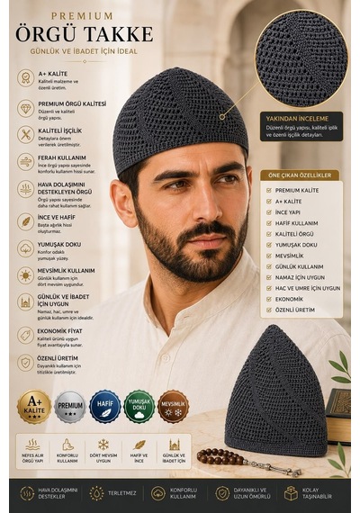 Premium Örgü Takke Nefes Alan İnce Ve Hafif Erkek Takkesi Füme Yeşil
