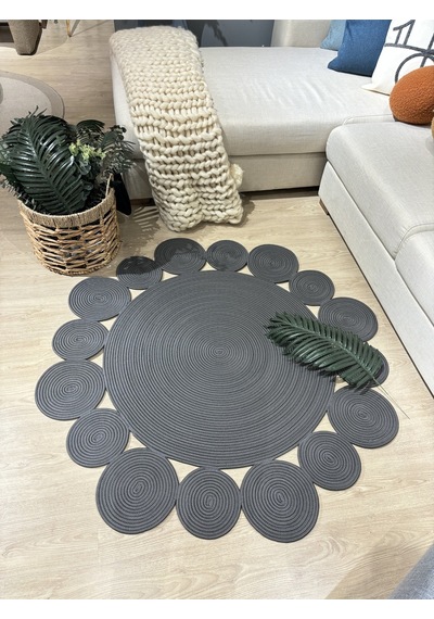 Mavaux Rhea Jüt Hasırlı El Örgüsü Kilim Halı Hasır Yuvarlak Antrasit