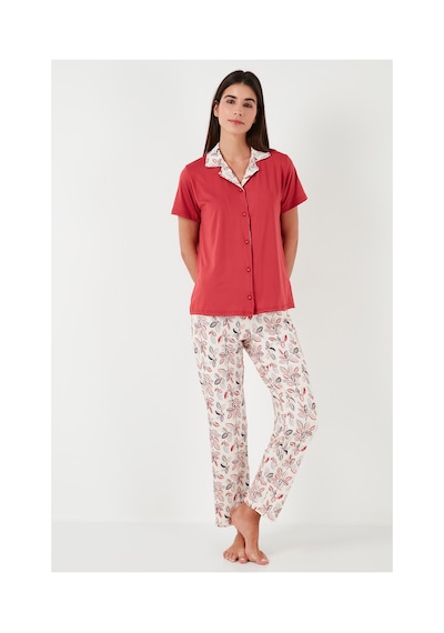 Lela Regular Fit Gömlek Yaka Kısa Kollu Bayan Pijama Takımı 65730101 Kırmızı