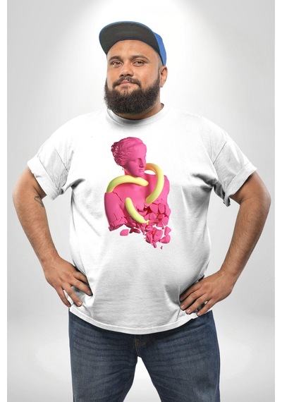 Angemiel Pop Art Yaratıcı Heykel Pembe Beyaz Büyük Beden Kadın Erkek Ünisex Basic Ön Baskılı Tişört Beyaz