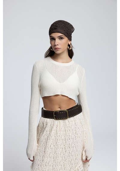 Mai Collection Mai Studios Co. Liana Bej Yumuşak Doku Triko Crop Bej