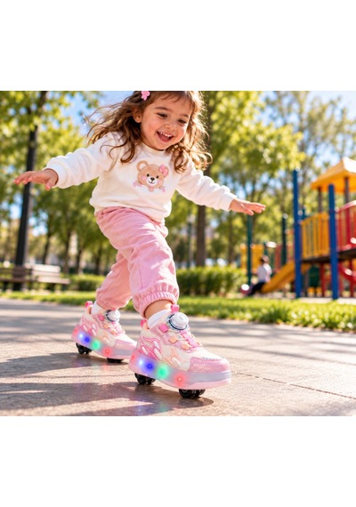 Papucumun Dünyası Kız Çocuk Işıklı Patenli Mekanizma Bağcıklı Sneaker Pembe