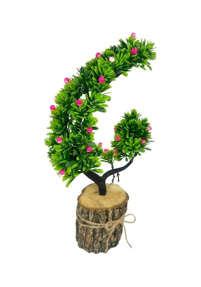 Yapay Çiçek Pembe Çiçekli Bonsai Ağacı Dekoratif Kütük Saksıda Yapay Ağaç Bonzai Hilal Model