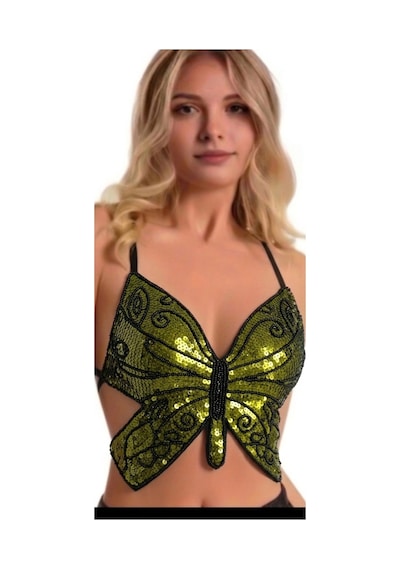 Nisanurtekstil Taşlı Kelebek Büstiyer Crop Yeşil Yeşil