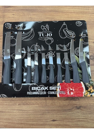 10 Lu Lazer Kesim Tırtıklı Bıçak Seti, 2 Adet Ekmek Bıçağı, 2 Adet Sebze Bıçağı, 6 Adet Meyve Bıçağı Gri