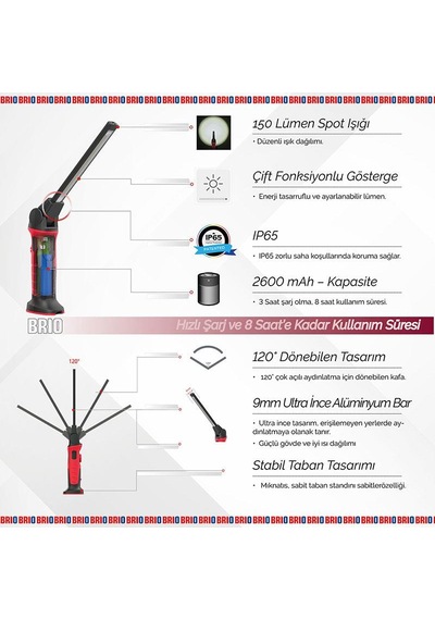 Brio Usb Şarjlı Led Fener Lamba Güçlü Işık Tamirci Feneri 1000 Lümen