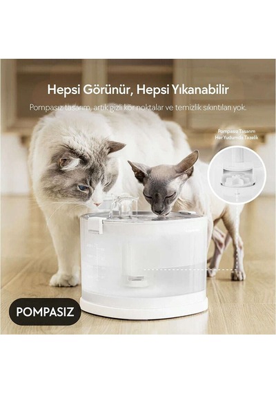 Cheerble E1+ Çelik Hazneli Şarjlı Otomatik Kedi Su Pınarı 22 X 20 X 18 2lt