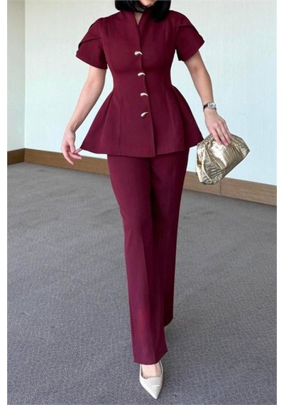 Neşeli Butik Kadın Bordo Gold Düğme Detaylı Peplum Kesim Premium Takım Nbstr4423