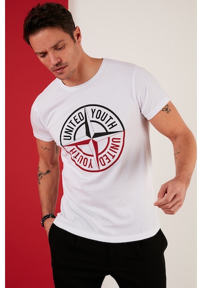Buratti Baskılı Bisiklet Yaka Pamuklu Slim Fit Erkek T Shirt 541Pusula Beyaz