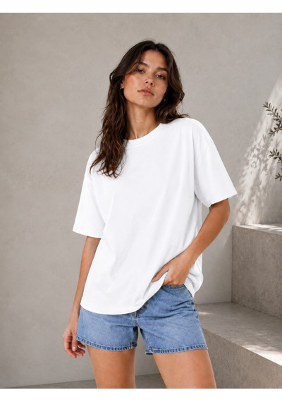 Polymood Kadın Oversize %100 Organik Pamuk Yakası Ribanalı T-shirt Beyaz Polymood Kadın Oversize %100 Organik Pamuk Yakası Ribanalı T-shirt Beyaz