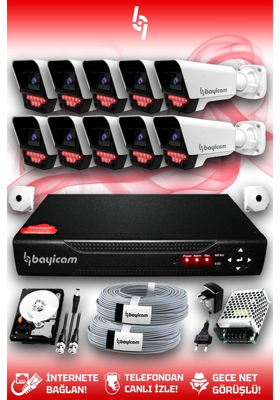 Bayicam 10 Kameralı Süper 10 Dış Kamera Set 500 GB 5 MP 2K Net Gece Görüşlü Güvenlik Kamerası Sistemi