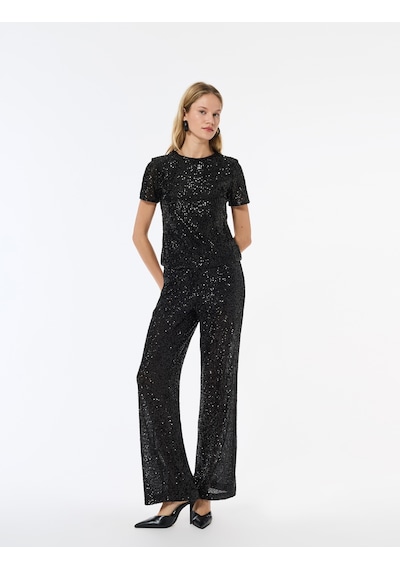 Koton Slim Fit Pullu Payetli İspanyol Paça Abiye Pantolon Siyah 6wak40001fk Siyah