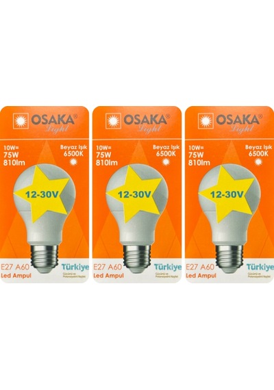 3 Adet Osaka 12volt 10w 75w Beyaz Işık 6500k E27 Duylu Kalın Duy Led Ampul