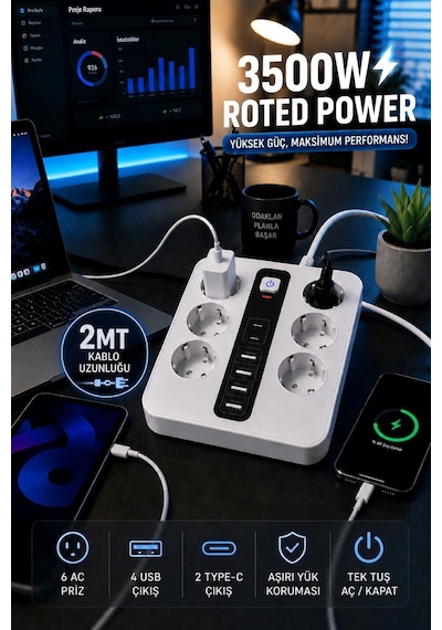 6'lı Priz Çoklayıcı 4 Usb + 2 Type-c Hızlı Şarjlı Anahtarlı Priz 3500w 2 Metre Kablo 2 - 5 M