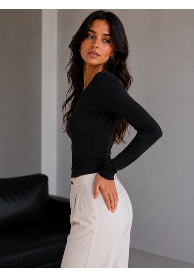 Sortie Collection Geniş Kayık Yaka Uzun Kollu Slim Fit Bluz Siyah