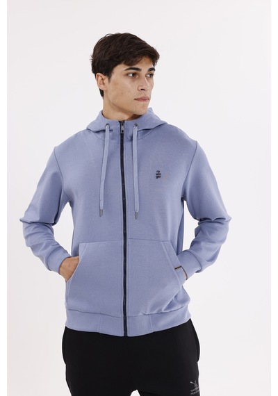 Rowinger Metal Uçlu Kordonlu Tam Fermuarlı Bölmeli Ön Cepli Küçük Nakış Logolu Rahat Kalıp Mevsimlik Kapüşonlu Sweatshirt Lightblue