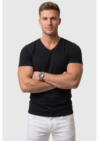 Rizzup Erkek Siyah Slim Fit %90 Pamuk V Yaka Likralı Yumuşak Dokulu Basic Tişört 1801165
