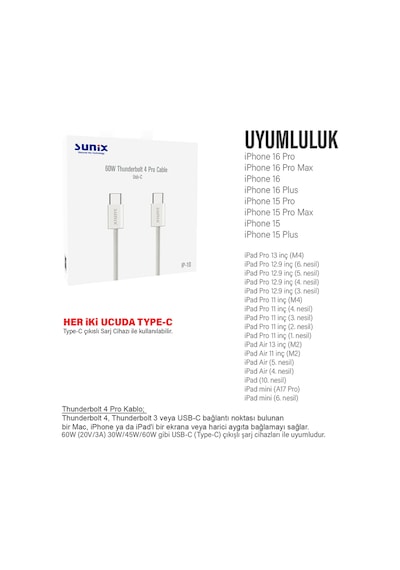 Apple Uyumlu iPhone 16-16 Plus-16 Pro-16 Promax Type-c Şarj Kablosu Thunderbolt 4 Usb-c Hızlı 60w