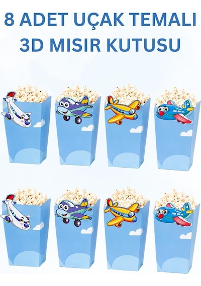Uçak Temalı Doğum Günü Parti Seti İyi Ki Doğdun Banner, Tavan Sarkıt, Gözlük, Pasta Süsü Ve Mısır Kutusu Mavi