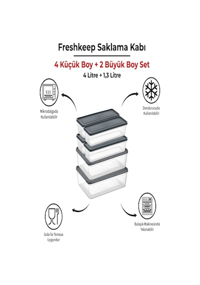 6 Adet Saklama Kabı 2 Büyük-4 Orta Boy 4 Litre + 1,3 Litre Derin Dondurucu Mikrodalga Uyumlu Gri