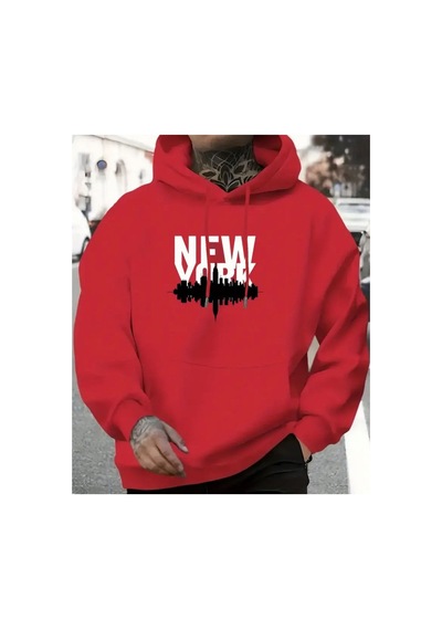 Herkesemoda Newyork Baskılı Kapşonlu Kırmızı Sweatshirt Kırmızı
