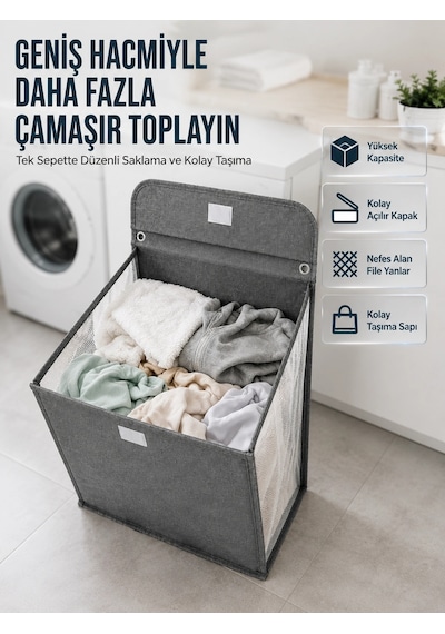Modern Tasarımlı Duvara Monte Kirli Çamaşır Sepeti Pratik Saklama Çözümü Çok Renkli