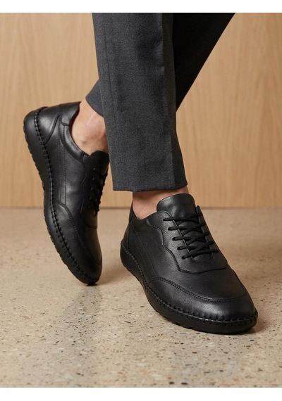 Komcero 3498 Erkek Hakiki Deri Dikişli Comfort Atom Casual Ayakkabı Siyah