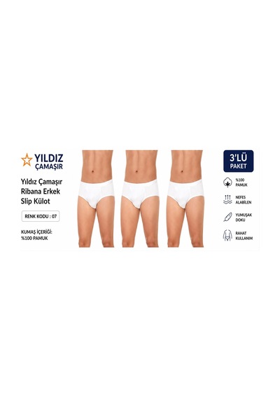 Yıldız Çamaşır Erkek Ribana Slip Külot 07 - 3 Adet Beyaz