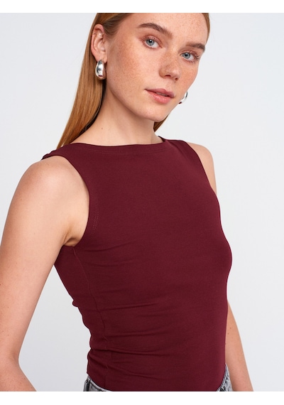 Dilvin 20868 Kayık Yaka Kolsuz Top-bordo Bordo