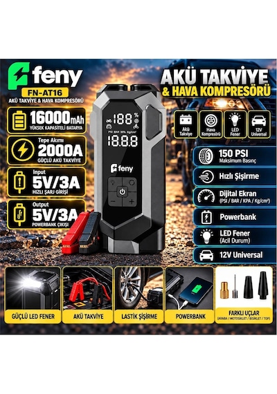Feny Fn-at16 16.000 Mah 5v-3a Akü Takviye Ve Hava Kompresörü Lastik Şişirme- Powerbank Çantalı