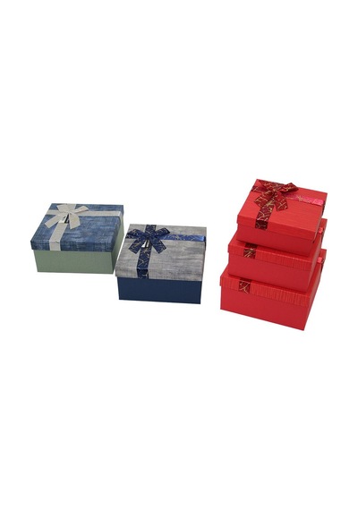 3pcs Kare Çizgili Mix Renkli Karton Hediye Kutusu Kurdelalı 19-17-15cm Çok Renkli