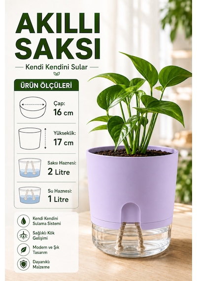 Akıllı Saksı Kendinden Sulamalı Fitilli Modern Dekoratif Saksı 2 Litre 06577596