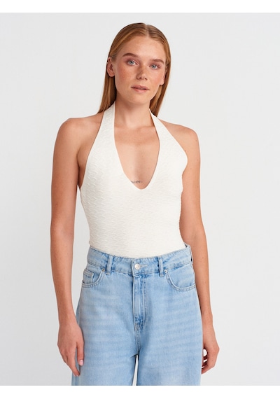 Dilvin 10799 Halter V Yaka Dokulu Triko Bluz-ekru Ekru