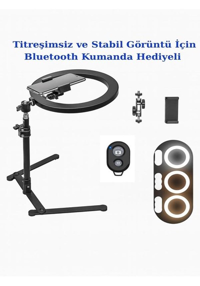 Masa Üstü 10 Inç Led Ring Light Tripodlu Telefon Tutucu 3 Işık Modu Usb Bluetooth Kumanda