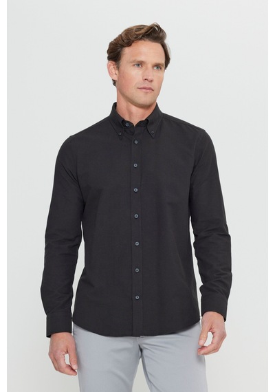 Erkek Sıyah Slim Fit Dar Kesim Düğmeli Yaka Pamuklu Oxford Gömlek Siyah