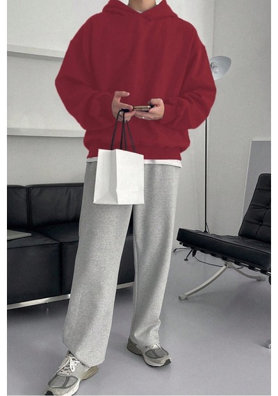 Tarz Cool Erkek Kapüşonlu Oversize Sweatshirt Bordo
