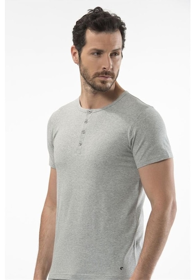 Cacharel 1308 Düğmeli Kısa Kollu Erkek T-shirt - Gri Melanj Gri Melanj