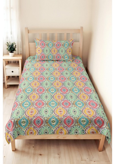 Bohem Etnik Mint Genç Odası Tek Kişilik Pike Takımı - Geometrik Sarı 160x220 Cm Yatak Örtüsü Bulanık Sis Pususu