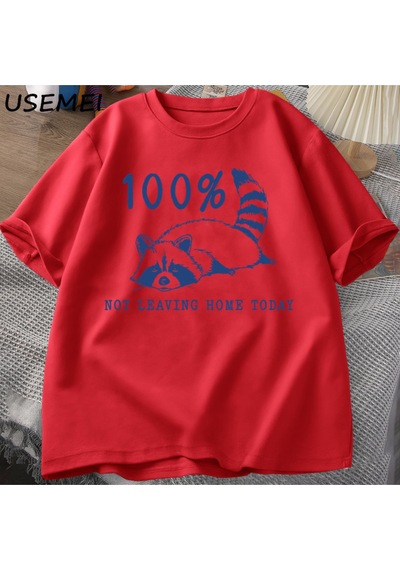 Flood Of Style 100% Bugün Evden Ayrılmıyor T Shirt Kısa Kollu Rakun Yorgun Yorgun T-shirt Anne Hayat Vintage Kırmızı