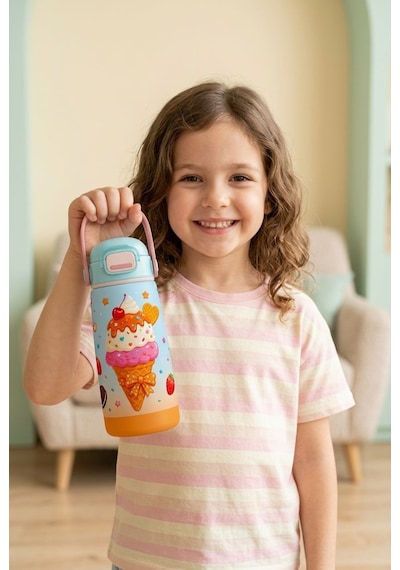 Puccon Kız Çocuk Renkli Dondurma Desenli 420 Ml Çelik Matara Suluk Termos - 60024 Kırmızı - Turkuaz