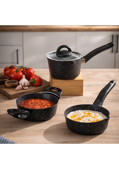 Porsima 4398 4 Parça Kaçerola Sosluk Sütlük Mini Granit Tencere Sahan Seti Siyah 14cm siyah