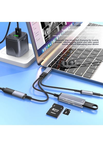 Cr63 Type-c 5in1 Çok Fonksiyonlu Otg Hub 60w Pd Hızlı Şarj, 3.5mm Kulaklık Girişi, Sd & Micro Sd Kart Okuyucu Ve Usb 2.0 Adaptör