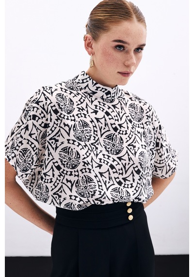 Sateen Kısa Kol Desenli Bluz - Ekru-135900 Ekru